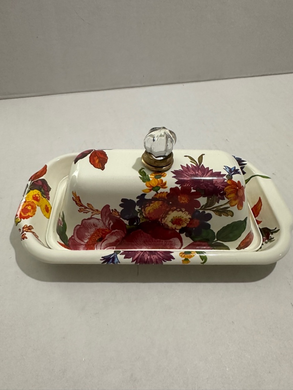 MacKenzie-Childs White Flower Market enameled steel butter box.